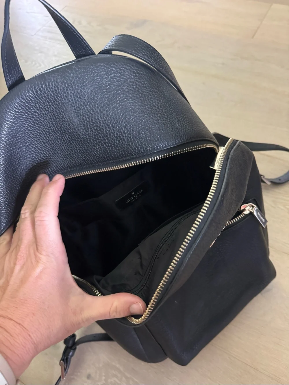 kate spade black leather pebbled backpack with gold hardware